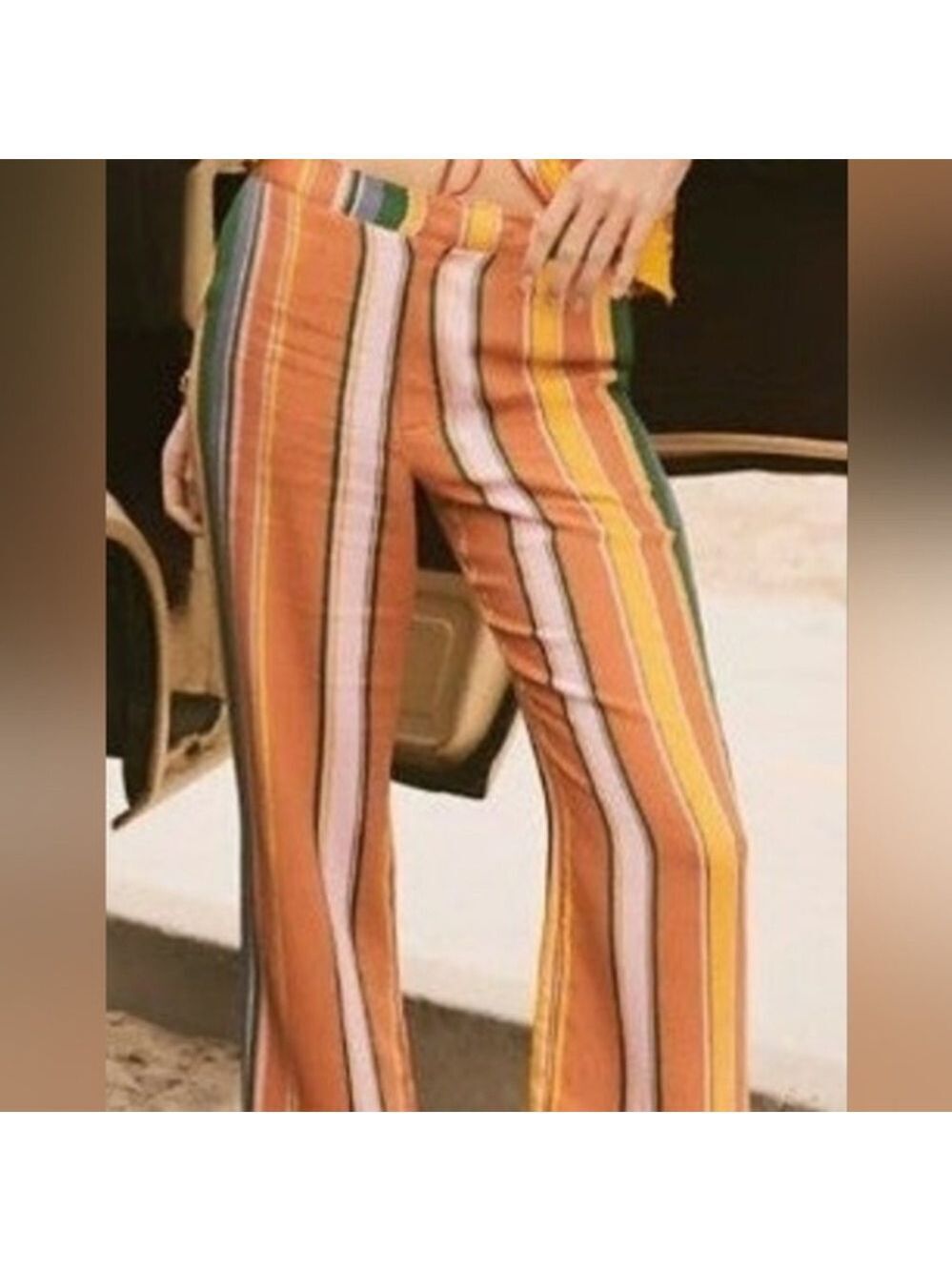 Free People Anthropologie Women’s Boho Striped Pants Orange Green Pink Blue 4